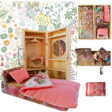 hordozható babaszoba - babaház készlet - szekrény, ruhafogasokkal, tükörrel, ágy ágyneművel, rózsaszín-bézs-barna