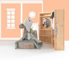   hordozható babaszoba - babaház készlet - szekrény, ruhafogasokkal, tükörrel, ágy ágyneművel, zöld-kockás