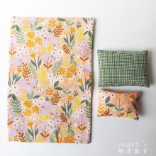 Játék ágynemű-párnák takaróval-virágos-barack-zöld kockás